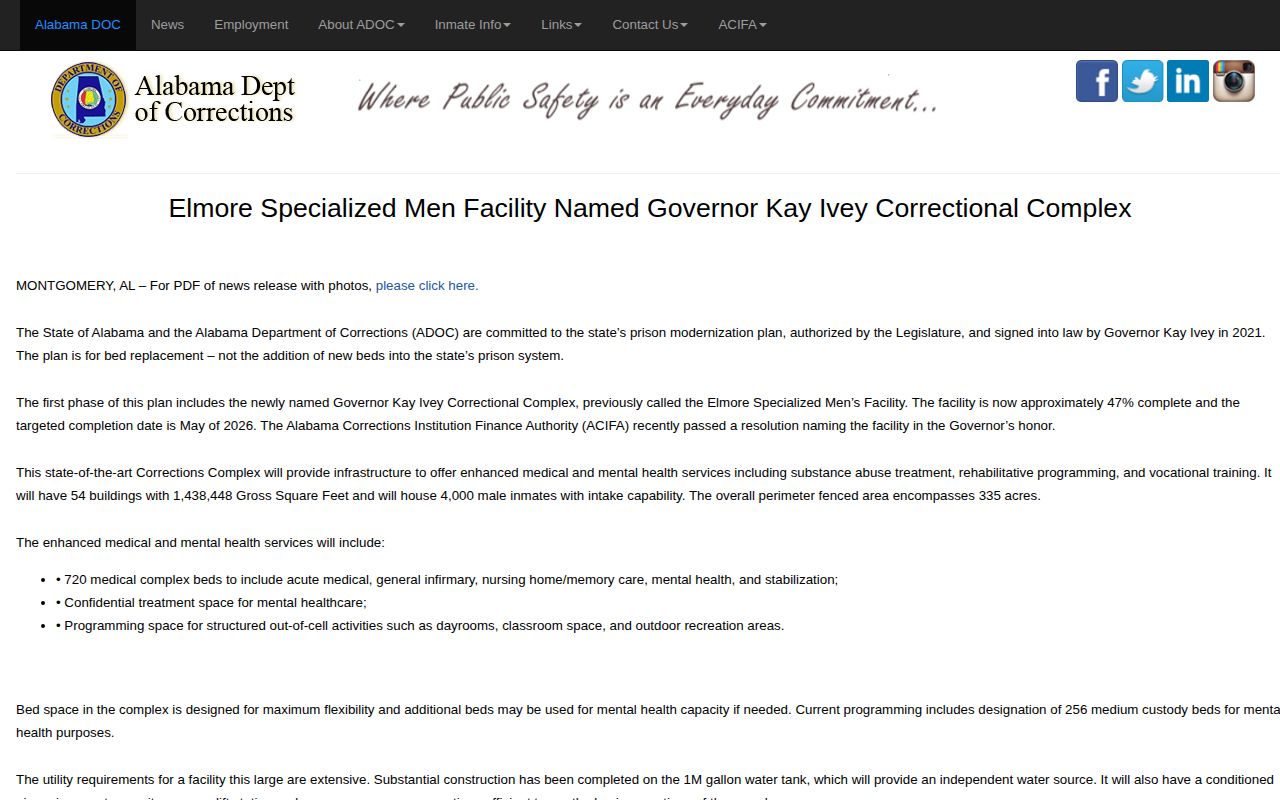 ADOC announcement for Governor Kay Ivey Correctional Complex