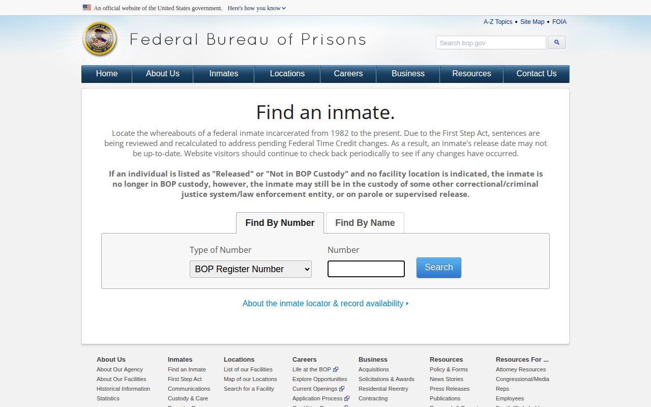 BOP locator for federal release records related to Elmore County custody questions