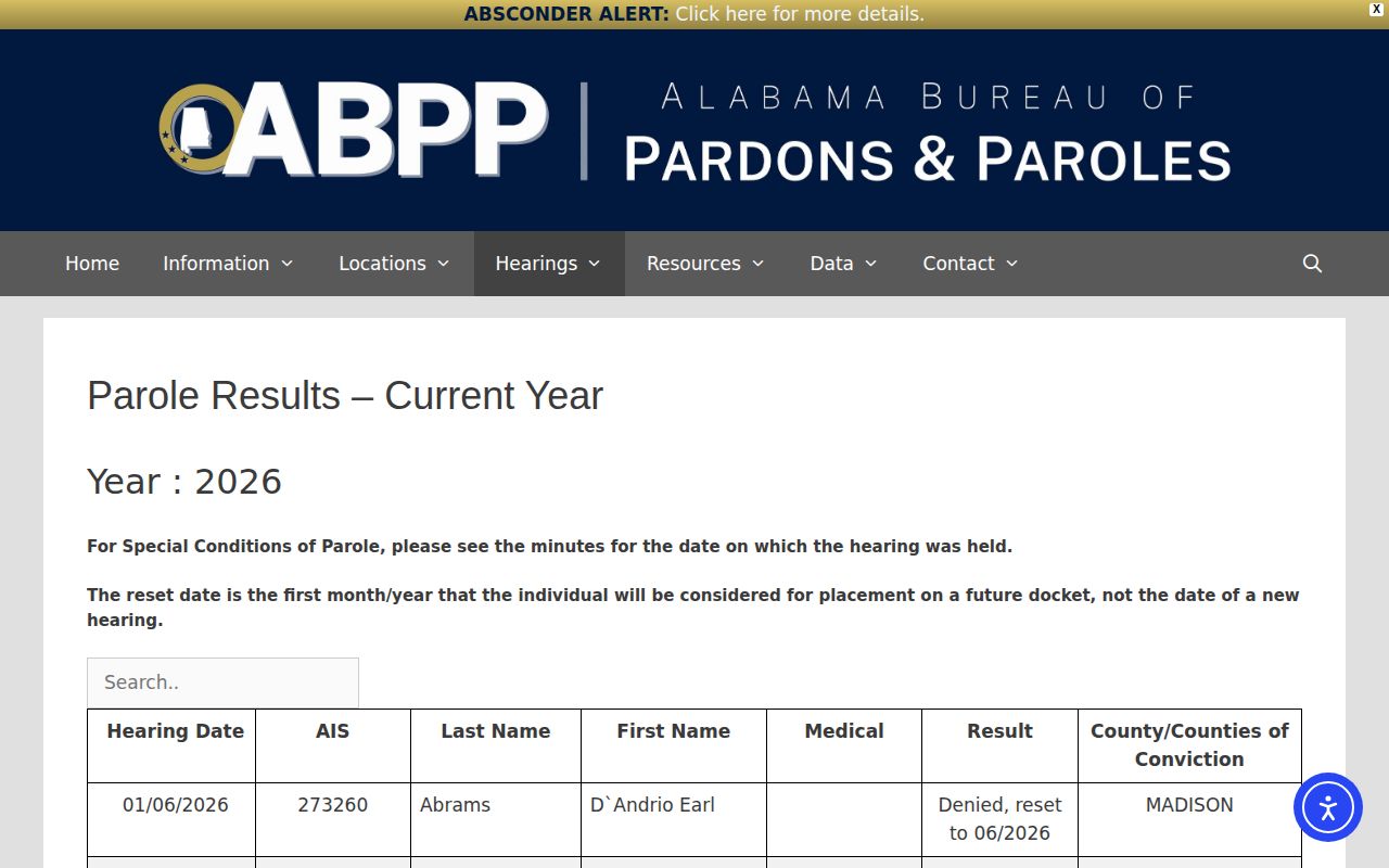 ABPP parole results for Elmore County post-release supervision lookup