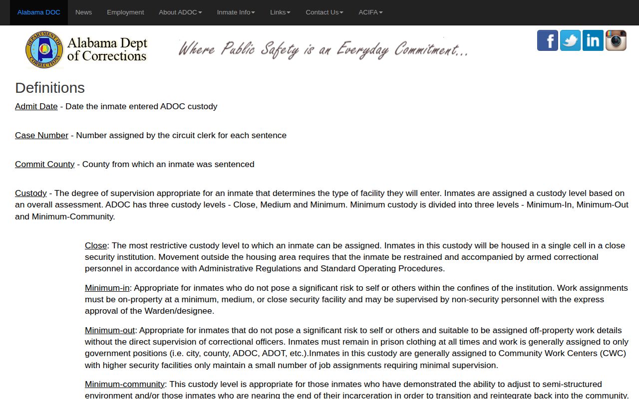ADOC definitions for Elmore County projected release date fields