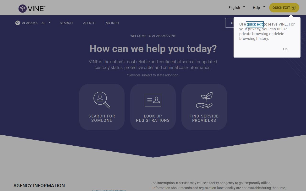 Alabama VINE inmate check page for Elmore County release notifications